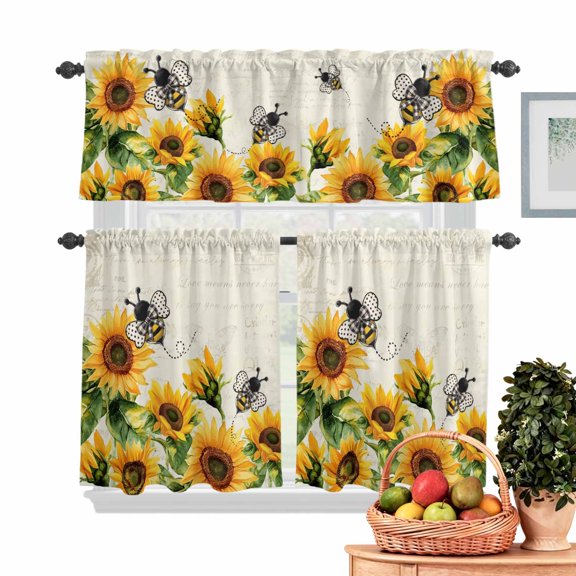 Sunflower Kitchen Curtains Valances 3 Piece Set, Farmhouse Yellow Floral with Bee Retro Beige Background Rod Pocket Tier Curtain and Valance Drapes for Small Window 24 Inch Length for Bedroom Cafe