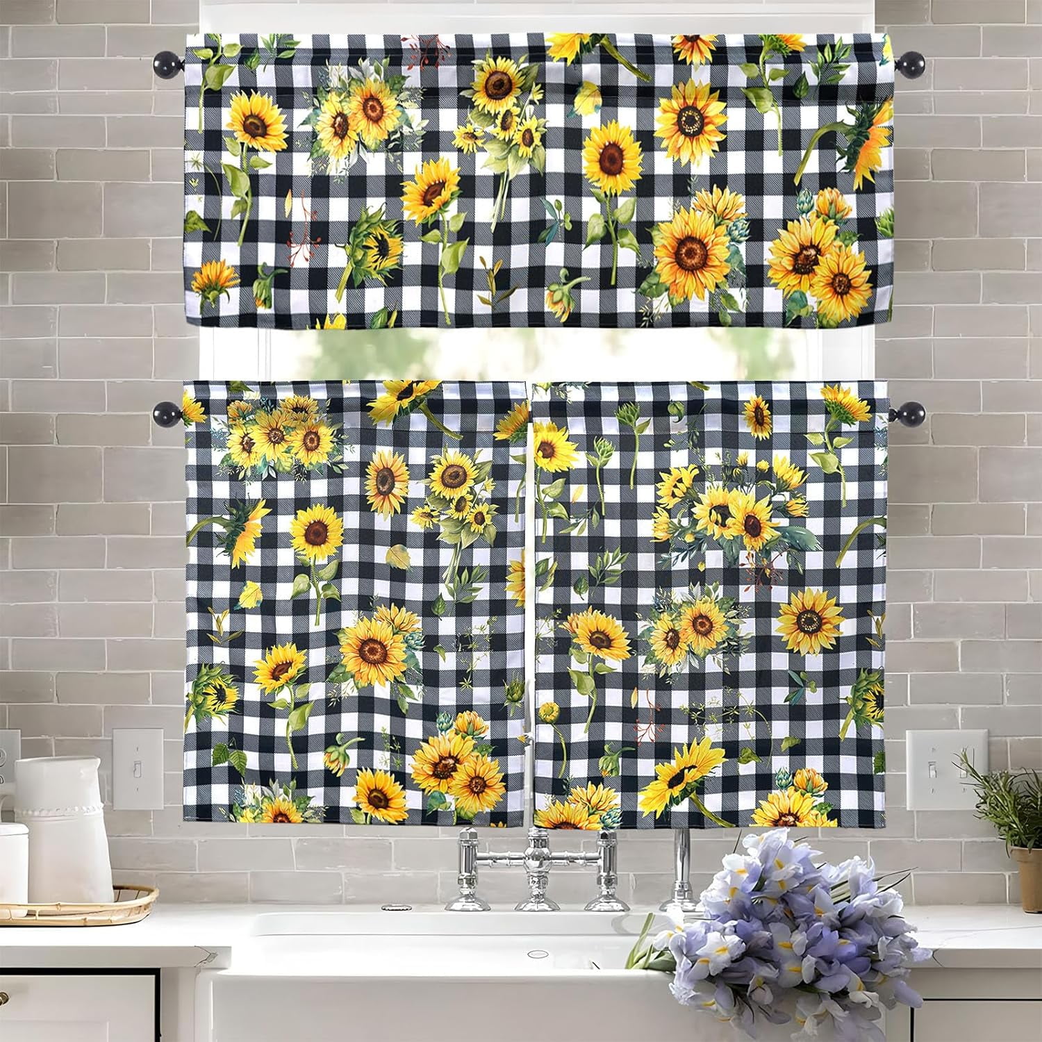 Sunflower Kitchen Curtains and Valances Set - 3 Piece Kitchen Curtains