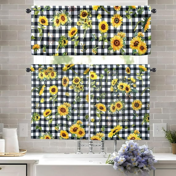 Sunflower Kitchen Curtains and Valances Set - 3 Piece Kitchen Curtains 36 Inch Length Sets with Valance for Windows Rod Pocket Sunflower Kitchen Decor Decorations