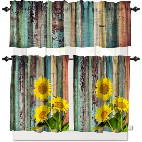 Sunflower Kitchen Curtains and Valances Set 3 Pieces Yellow Floral Kitchen Curtains Floral Window Treatments for Cafe Living Room Decor 54x24 Inch, 3 Piece