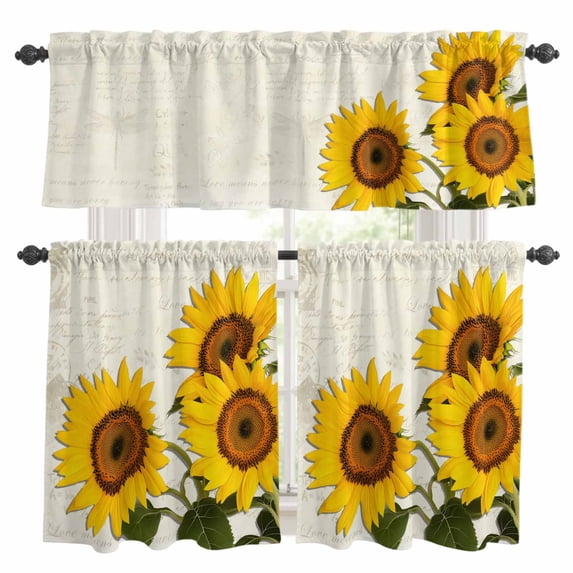 Sunflower Kitchen Curtains Valances and Tiers Set of 3 Countryside Yellow Flower Tier Curtains and Valance with Rod Pocket for Small Windows, 27.5"x24"