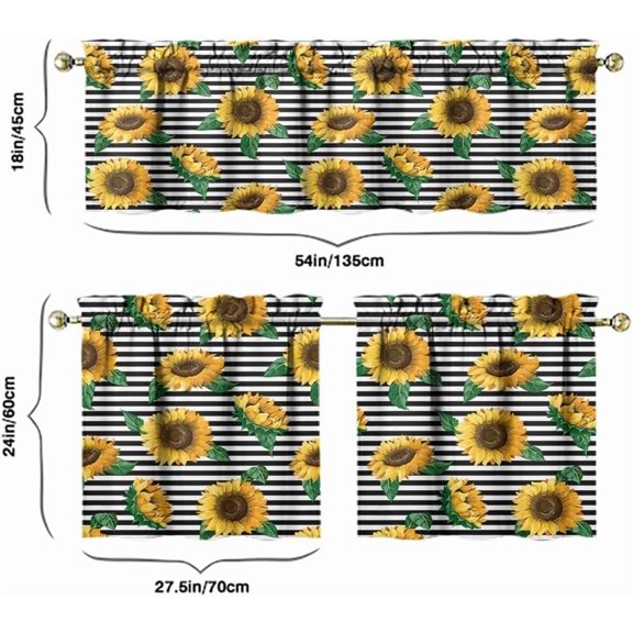 Sunflower Kitchen Curtains Valances and Tiers Set for Windows, Vintage Bathroom Window Curtain Valance 3 Piece Sets,Kitchen Decor for Living Room,54"x 24"