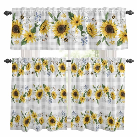Sunflower Kitchen Curtains Valances and Tiers Set of 3 Butterfly Bee Tier Curtains and Valance with Rod Pocket for Small Windows, 27.5"x24"