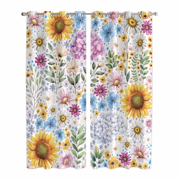 Sunflower Kitchen Curtains Window Panels, Colorful Flowers Summer Botanical Watercolor Insulated Window Treatment Curtain, Grommet Curtains for Bedroom/Living Room/Bathroom, 2 Piece 42"Wx84"L