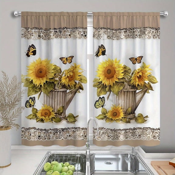 Sunflower Kitchen Curtains With Lace And Butterfly Pattern For Farmhouse Window Decor