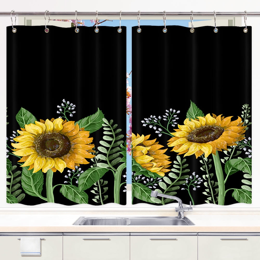 Sunflower Kitchen Curtains, Yellow Flowers On Black Background Decor ...