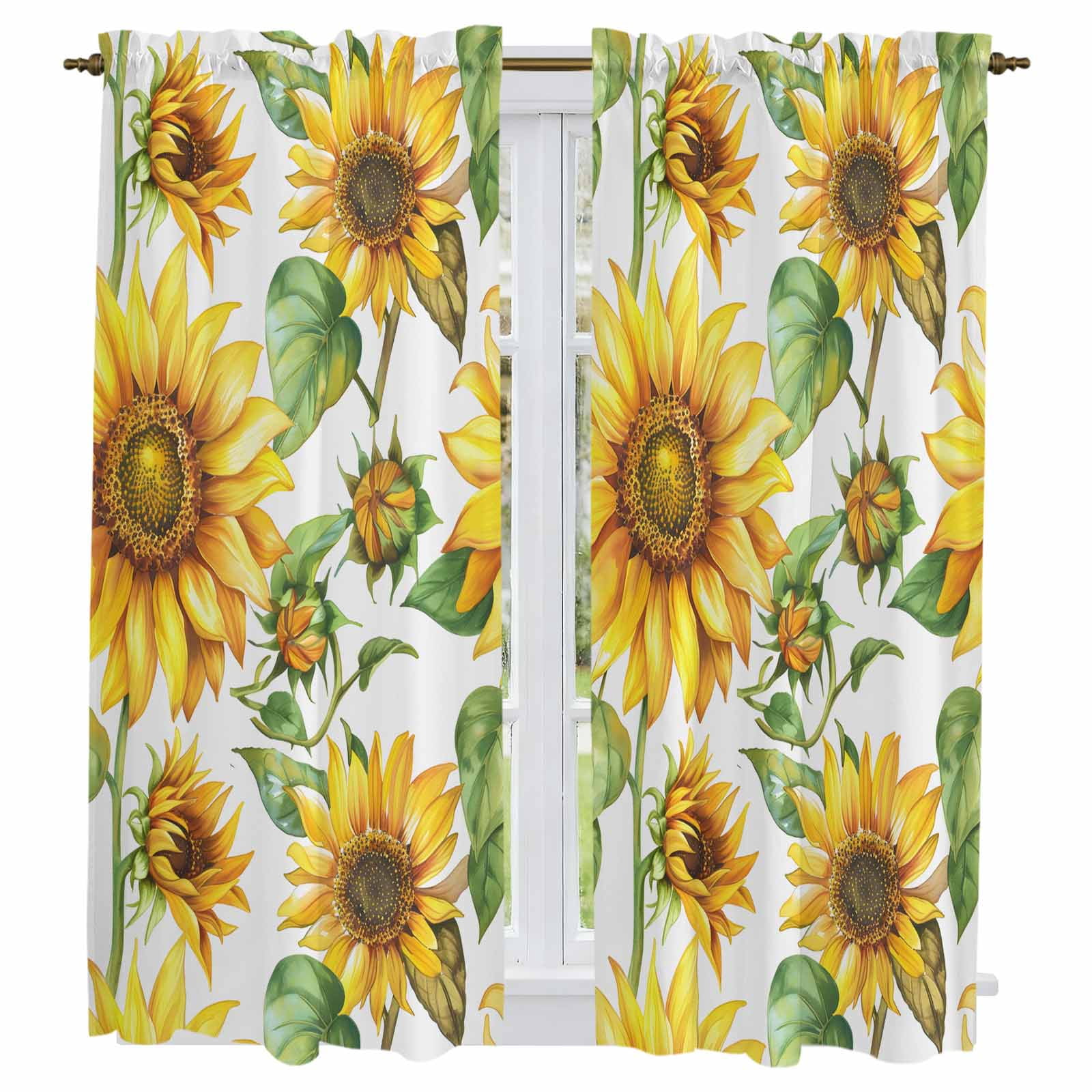 Sunflower Kitchen Curtains, Yellow Green Botanical Summer Rustic Light ...