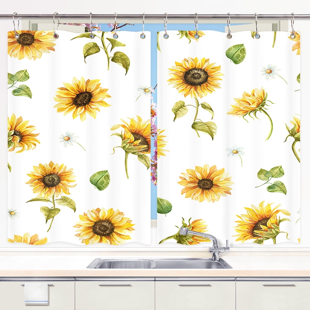 Sunflower Kitchen Curtains, Yellow White Decor Window Drapes Curtains 2 ...