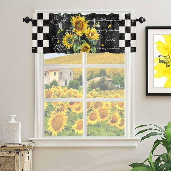 Sunflower Kitchen Decor Curtain Valances Buffalo Plaid Rod Pocket Small Window Treatment for Bedroom Kitchen, Black White Summer Flowers Thermal Insulated&Washable Curtains, 1 Panel