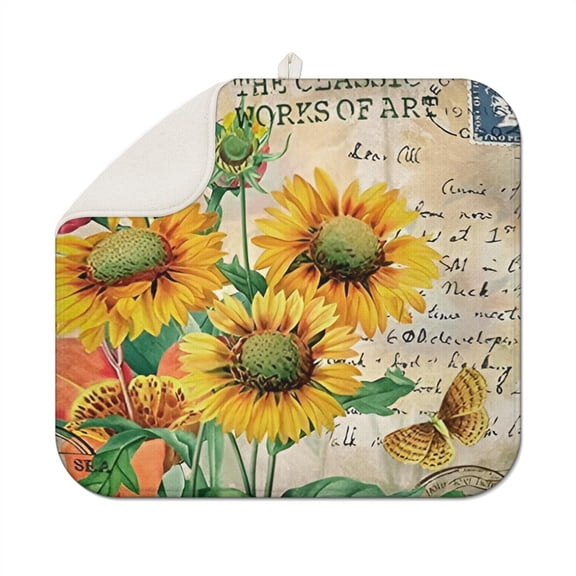 Sunflower Kitchen Decor Dish Drying Mat Microfiber Foldable Rack Pad Absorbent Counter Mat 16x18 Inch