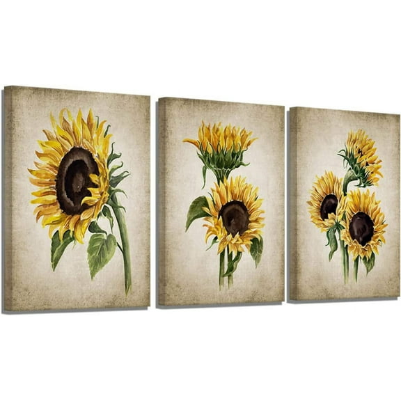 Sunflower Kitchen Decor Simple Life Rustic Wall Decor Vintage Watercolor Sunflower Wall Pictures for Bedroom Canvas Art Flower Painting Kitchen Wall Decor Gallery Wrapped 12x16inches x3pcs