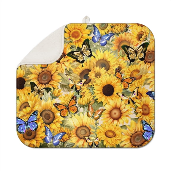 Sunflower Kitchen Dish Drying Mat with Microfiber Surface, Foldable Floral Rack Pad, Absorbent and Reusable Drainer Mat, 16x18 Inch
