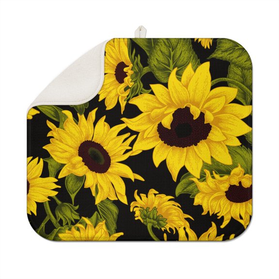 Sunflower Kitchen Dish Drying Pad, Foldable Floral Microfiber Rack Mat for Counter, Sink, or Table Surface, Absorbent 16x18 Inch