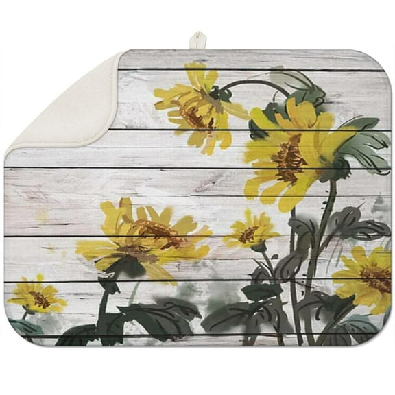 Sunflower Kitchen Dish Drying Pad, Microfiber Mat 18x24 Inch, Foldable Counter Rack Drainer with Bright Floral Pattern for Dishes