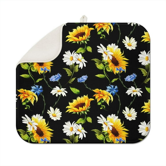 Sunflower Kitchen Dish Drying Pad with Absorbent Microfiber Surface, Foldable Rack Mat for Sink or Counter, 16x18 Inch