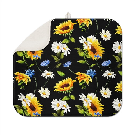 Sunflower Kitchen Dish Drying Pad with Absorbent Microfiber Surface, Foldable Rack Mat for Sink or Counter, 16x18 Inch