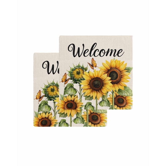 Sunflower Kitchen Dish Towels for Drying Dishes Set of 2, Summer Botanical Floral Rustic Welcome Waffle Weave Microfiber Terry Hand Tea Bathroom Towels Quick Dry & Absorbent Towel 12x12