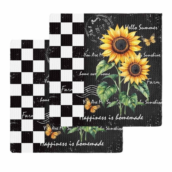 Sunflower Kitchen Dish Towels for Drying Dishes Set of 2, Summer Botanical Floral Vintage Black Plaid Waffle Weave Microfiber Hand Tea Bathroom Towels Quick Dry & Absorbent Towel 12x12