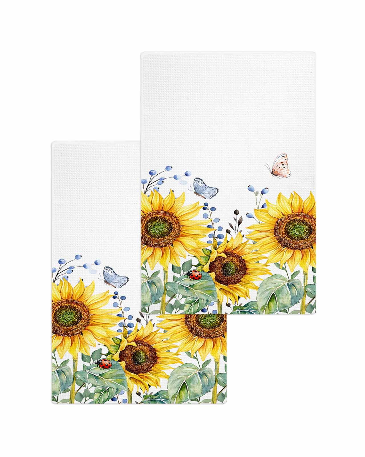 Sunflower Kitchen Dish Towels for Drying Dishes Set of 2, Yellow Floral Summer Botanical Waffle Weave Microfiber Terry Hand Tea Bathroom Towels Quick Dry & Absorbent Towel 15.7x23.6