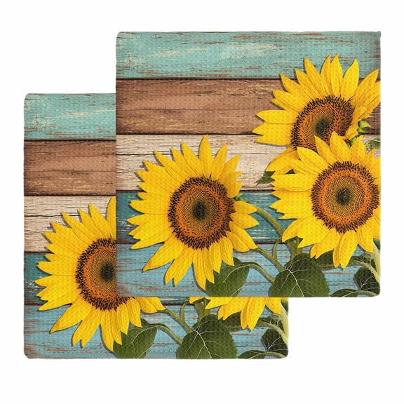 Sunflower Kitchen Dish Towels for Drying Dishes Set of 2, Yellow Spring Flora Botanical Teal Brown Wooden Waffle Weave Microfiber Hand Tea Bathroom Towels Quick Dry & Absorbent Towel 12x12