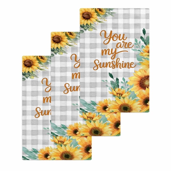 Sunflower Kitchen Dish Towels for Drying Dishes Set of 3, Summer Botanical Checkered Yellow Floral Waffle Weave Microfiber Hand Tea Bathroom Towels Quick Dry & Absorbent Towel 15.7x23.6