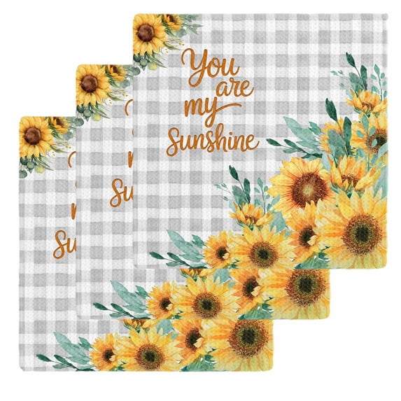 Sunflower Kitchen Dish Towels for Drying Dishes Set of 3, Summer Botanical Checkered Yellow Floral Waffle Weave Microfiber Hand Tea Bathroom Towels Quick Dry & Absorbent Towel 12x12