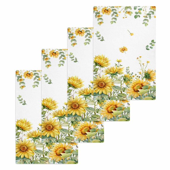 Sunflower Kitchen Dish Towels for Drying Dishes Set of 4, Summer Eucalyptus Botanical Spring Floral Waffle Weave Microfiber Hand Tea Bathroom Towels Quick Dry & Absorbent Towel 15.7x23.6