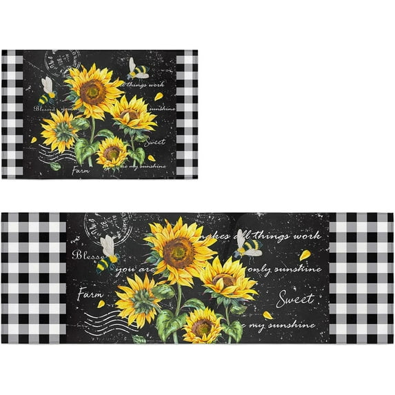 Sunflower Kitchen Mat Set of 2, Cushioned Anti-Fatigue Non-Slip Floor Mats Kitchen Runner Rug 18x30inch+18x47.2inch for Home, Office, Sink, Laundry, Vintage Farm Sunflower Bee Black White Plaid