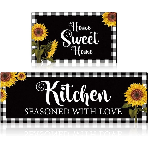 Sunflower Kitchen Mat Set of 2 Farm Non Slip Thick Kitchen Rugs and Mats Plaid Waterproof Anti Fatigue Mats for Kitchen Floor Kitchen Rug Runner Standing Mat, 17 x 47 Inch, 17 x 28 Inch