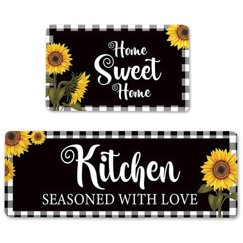 Sunflower Kitchen Mat Set of 2 Farm Non Slip Thick Kitchen Rugs and Mats Plaid Waterproof Anti Fatigue Mats for Kitchen Floor Kitchen Rug Runner Standing Mat