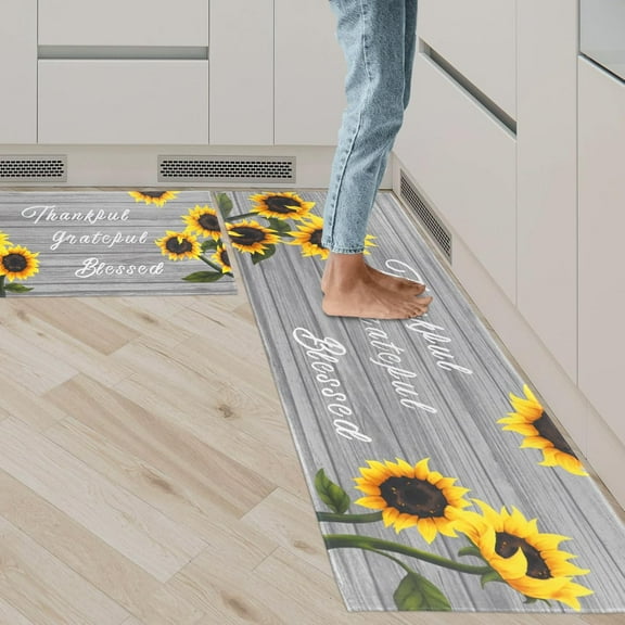 Sunflower Kitchen Mat Set of 2, Yellow Sunflower Kitchen Rugs and Mats Non-skid Washable Kitchen Floor Mats for in Front of Sink, Country Farmhouse Sunflower Kitchen Decor and Accessories(Grey)