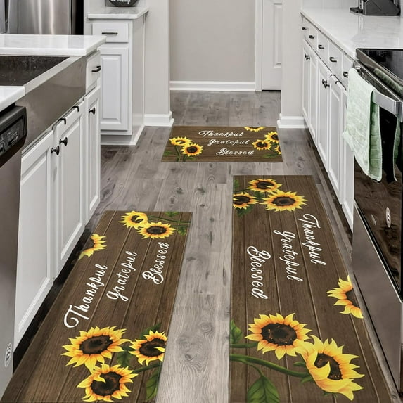 Sunflower Kitchen Mat Set of 3, Yellow Sunflower Kitchen Rugs and Mats Non-skid Washable Kitchen Floor Mats for in Front of Sink, Country Farmhouse Sunflower Kitchen Decor and Accessories(Brown)