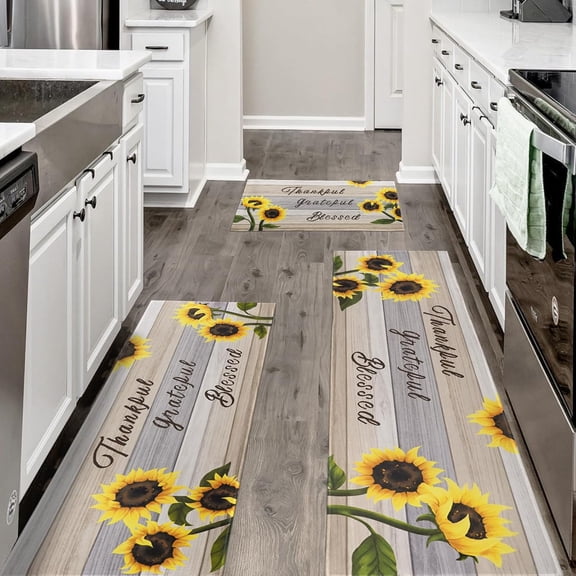Sunflower Kitchen Mat Set of 3, Yellow Sunflower Kitchen Rugs and Mats Non-skid Washable Kitchen Floor Mats for in Front of Sink, Country Farmhouse Sunflower Kitchen Decor and Accessories(Multicolor)