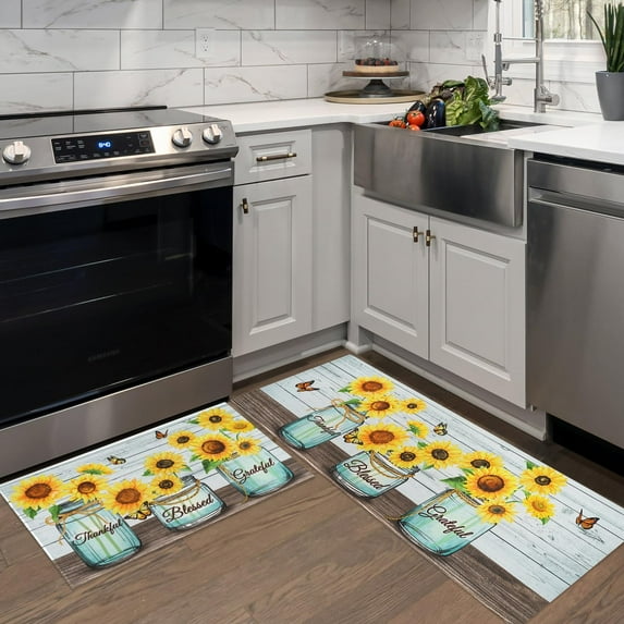 Sunflower Kitchen Mats for Floor, Flower Butterfly Sunflowers Kitchen Rugs Set of 2 Carpet Area Rug, Vintage Country Floral Farmhouse Kitchen Decor and Accessories Stuff, 17x30 and 17x47 Inch