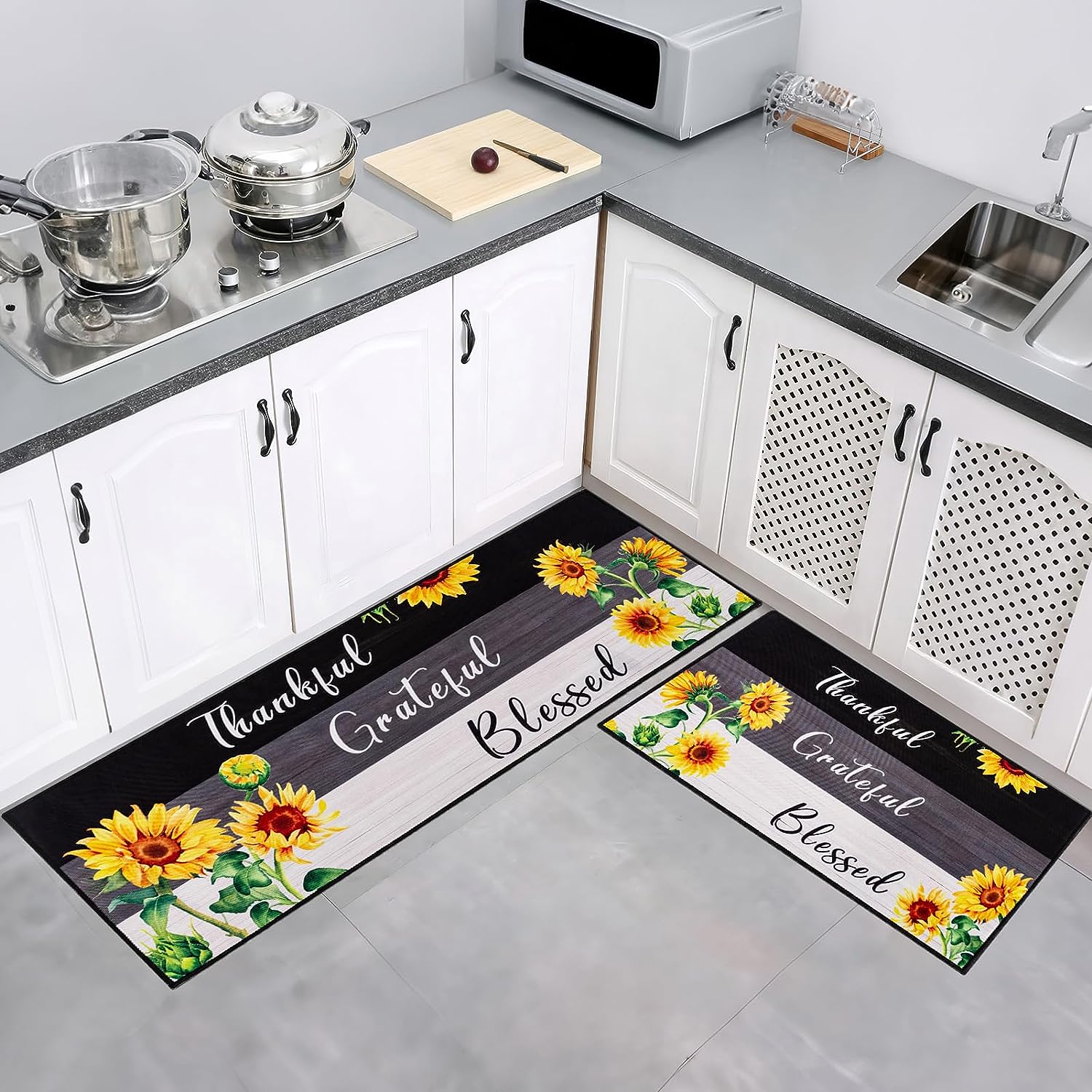 Sunflower Kitchen Mats for Floor, Set of 2 Non Skid Washable Kitchen