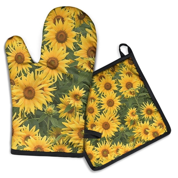 Yellow Sunflower Field Pattern Kitchen Oven Mitt and Pot Holder Sets 2 Pcs for Baking, Cooking and Grilling, Heat Resistant Up To 392 °F
