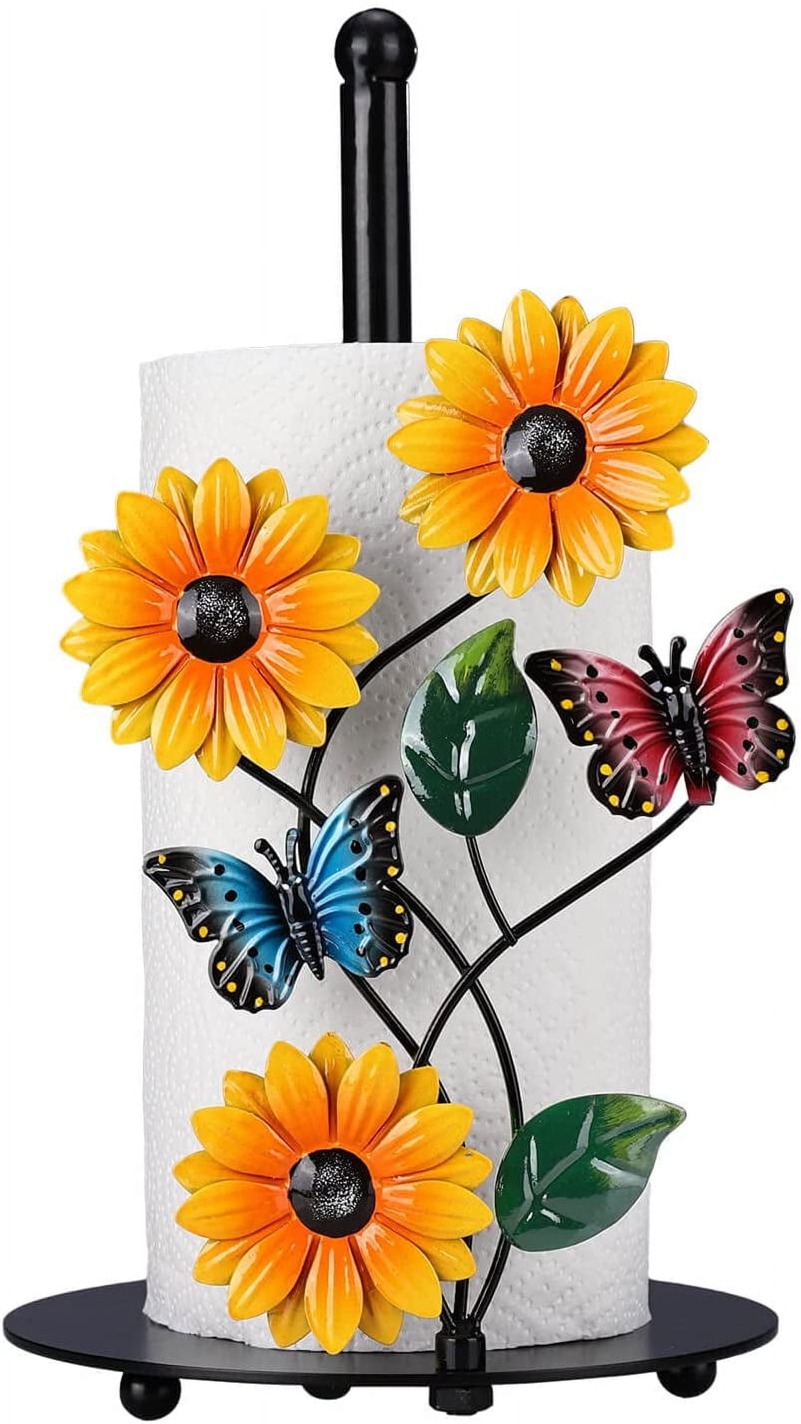 Sunflower Kitchen Paper Towel Holder - Yellow Home Kitchen Decor Accessories - Black Metal Farmhouse Large Towel Stand for Countertops - The Butterfly Lovers