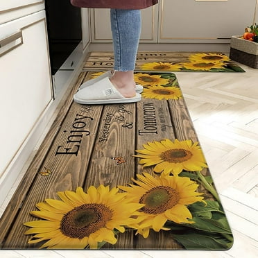 Sunflower Kitchen Rugs 0.4 Inch Thick Farmhouse Style Kitchen Decor Yellow Kitchen Mats, Non Skid Washable Anti Fatigue Kitchen Comfort Standing Mats for Floor 2 Pieces,17.3x28+17.3x47