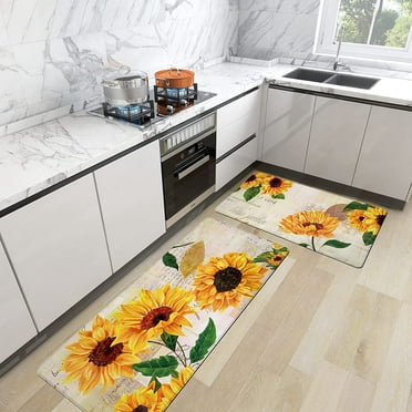 Sunflower Kitchen Rugs Decor Set of 2 Anti Fatigue Yellow Vintage Floral Farmhouse Non Skid Kitchen Floor Mats Comfort Standing Mat Waterproof Sink Carpet (17.3 x 28 inch+17.3 x 47 inch)