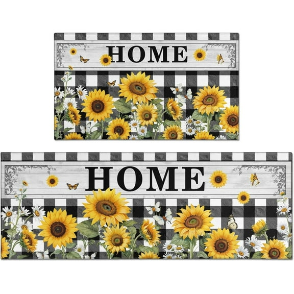 Sunflower Kitchen Rugs, Kitchen Mat Set of 2, Buffalo Plaid Sunflower Farmhouse Kitchen Rugs, Country Plant Sunflower Kitchen Decor for Floor, Home, Sink, Bathroom(17"x47"+17"x30")