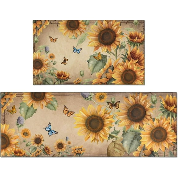 Sunflower Kitchen Rugs, Kitchen Mat Set of 2, Retro Rustic Flower Butterfly Farmhouse Kitchen Rugs, Sunflower Kitchen Decor for Floor, Home, Sink, Bathroom(17"x47"+17"x30")