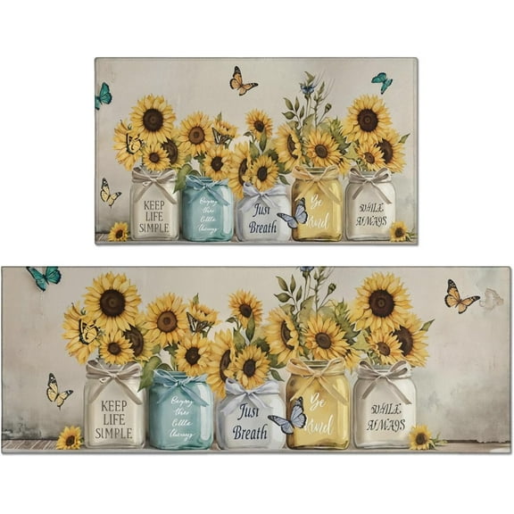 Sunflower Kitchen Rugs, Kitchen Mat Set of 2, Rustic Sunflower Farmhouse Kitchen Rugs, Sunflower Kitchen Decor for Floor, Home, Sink, Bathroom(17"x47"+17"x30")