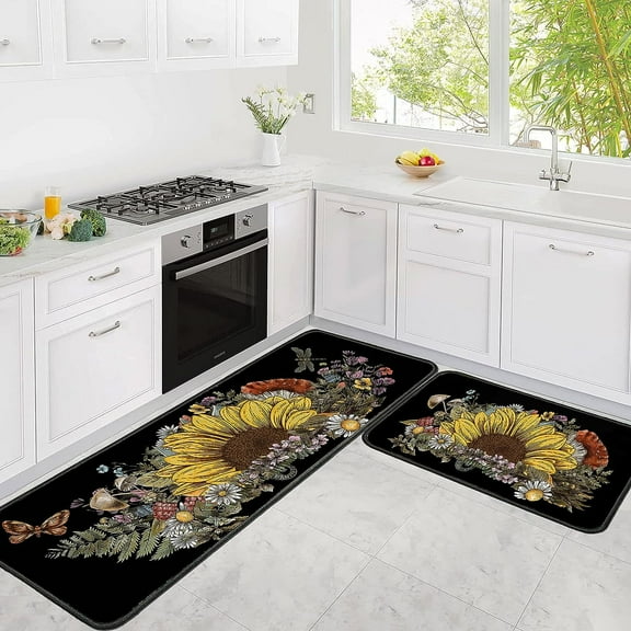 Sunflower Kitchen Rugs Kitchen Mats for Floor 2 Piece, A in Front of Sink and Black Kitchen Matt for Standing for Kitchen Decor 17"X30"+17"X47"