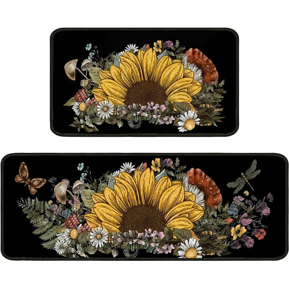 Sunflower Kitchen Rugs Kitchen Mats for Floor 2 Piece, Anti Fatigue Floor Mat for Kitchen, Kitchen Floor Mats for in Front of Sink and Black Kitchen Matt for Standing for Kitchen Decor 17"X30"+17"X47"