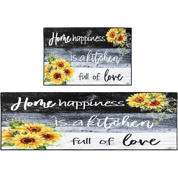 Sunflower Kitchen Rugs and Mats Non Skid Washable Set of 2, Black White Wood Kitchen Runner Rug, Farmhouse Flower Vintage Retro Kitchen Floor Mat Under Sink Mat Throw Rug for Doormat