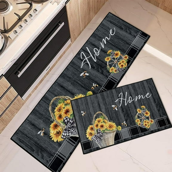 Sunflower Kitchen Rugs and Mats Non Skid Washable Set of 2, Dark Grey Wooden Buffalo Plaid Kitchen Floor Mats, Vintage Kitchen Runner Rug, Farmhouse Kitchen Decor