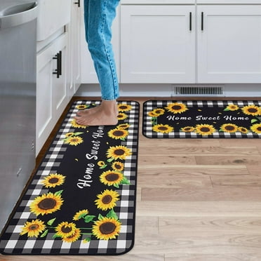 Sunflower Kitchen Rugs and Mats Non Skid Washable, Yellow Sunflower Kitchen Sink Mat Rug Floor Mat, Sunflower Kitchen Decor and Accessories Home Decor, Kitchen Mat Set of 2 (Sunflower, Plaid