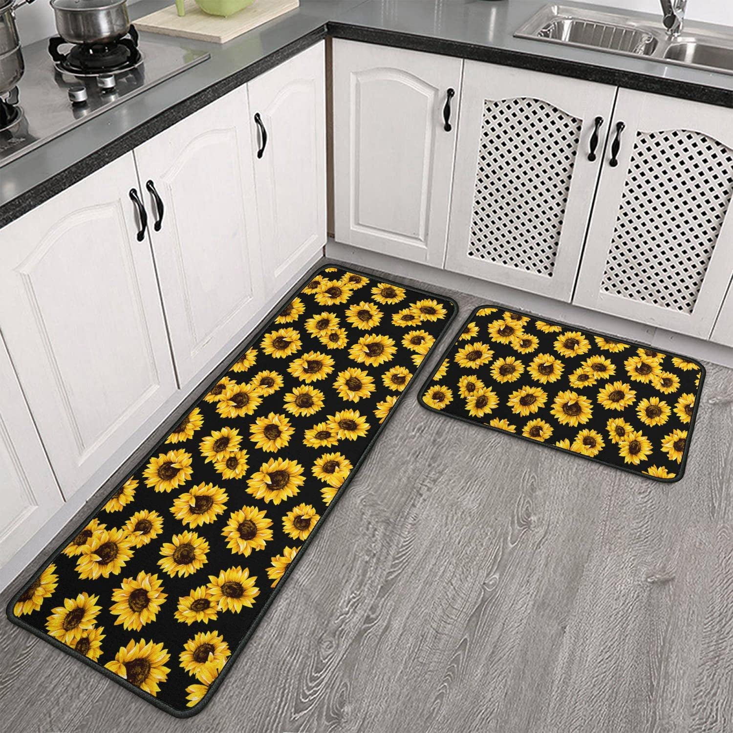 Sunflower Kitchen Rugs and Mats Set of 2, Black Sunflowers NonSlip