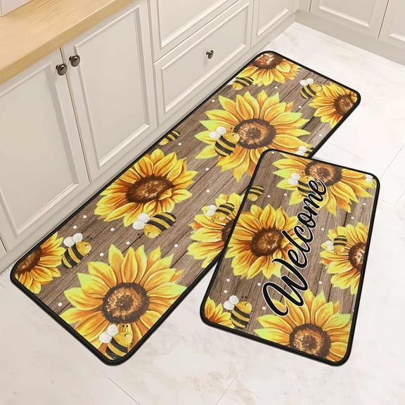 Sunflower Kitchen Rugs and Mats Set of 2, Non Slip Backing Bee Kitchen Rug Kitchen Decor Yellow Decorations for Home Spring Summer Kitchen Floor Mat (Sunflower, 17"x47"+17"x30")