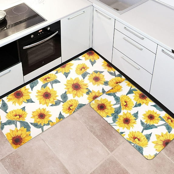 Sunflower Kitchen Rugs and Mats Sets of 2 Anti Fatigue Floor Mat Waterproof PVC Leather Non Slip Kitchen Mats for Floor Doormat for Kitchen Comfort Standing Mats Area Rugs Carpet Decor